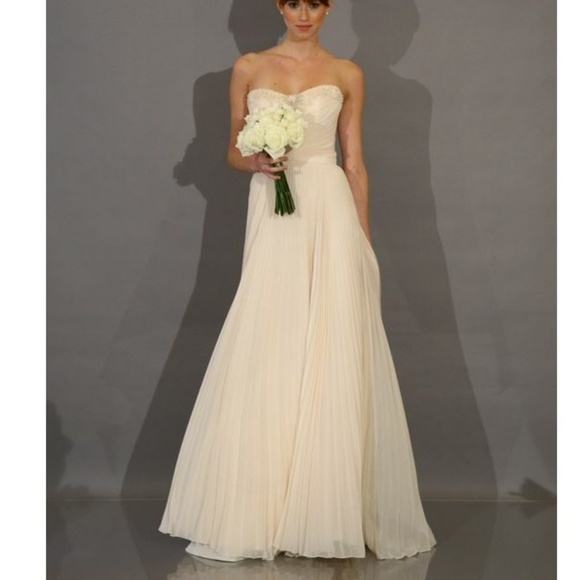 Ivory Pleated Chiffon Strapless Gown with Beaded